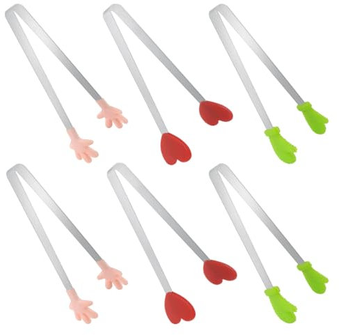 Mini-Zange aus Silikon, Handform, Herzform, Handschuhe, Lebensmittelzange, klein, Edelstahl, Servierzange für Eiswürfel, Zucker, Obst, Salat, Grillen, Buffet, bunte Küchenzange zum Kochen, 6 Stück
