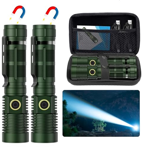 Small Tactical Flashlights 20000 High Lumens - 1500M Long Beam Super Bright LED Flashlight Magnetic USB Rechargeable Zoomable 5Modes Long Beam Spotlight Flashlight for Hiking Camping Dark