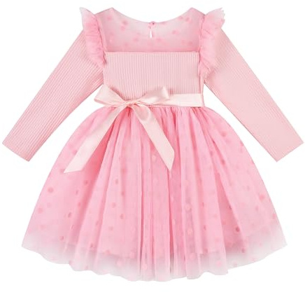 Miipat Klänningar för flickor flickor och flickor långärmad polka-prickig kjol prinsessklänning fest födelsedag tyllklänning bröllop flicka klänning, Rosenröd, 4-5 år