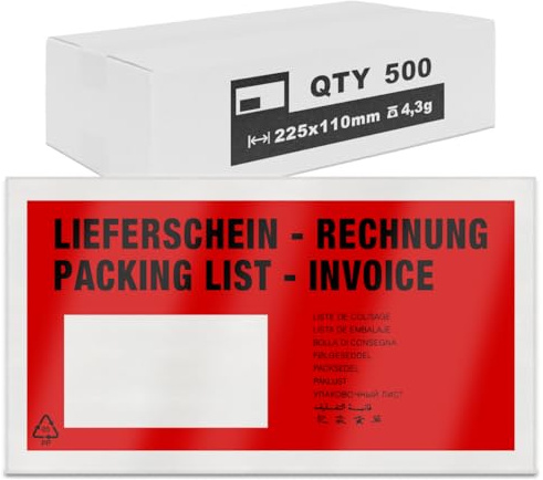 verpacking Lieferscheintaschen 225 x 110 mm DIN Lang Rot [ Farbe und Stückzahl wählbar] selbstklebend Dokumententasche Begleitpapiertasche für Rechnungen und Dokumente 500 Stück
