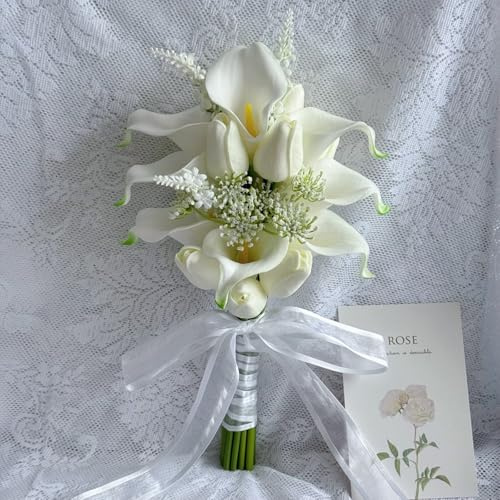 WYcYcW Floral Bouquet 10 Artificial Calla Lilies with 8 Artificial Tulip Flowers, Bridesmaid Bouquet with Wedding Ceremony Festivals Anniversary Bridal Rehearsal Party Bar Table Decor (White)