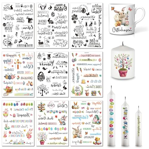 9 Stück Kerzentattoo Ostern, Wassertransferdruck, 19x14cm Wasserschiebefolie für Kerzen, Kerzenaufkleber, Kerzendekoration für Ostern, Geburtstag und DIY-Projekte (Set 1)