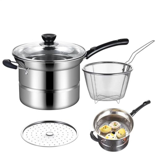 Olla freidora, olla de acero inoxidable con cesta coladora, herramienta de cocina multifuncional para patatas fritas, mariscos, camarones y anillos de cebolla, 8.6 x 5.9 pulgadas