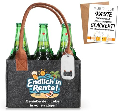 Witzige Ruhestand Geburtstagsgeschenk Männerhandtasche Bier mit Flaschenöffner und Grußkarten– Biertasche aus hochwertigem Filz für 6 Bierflaschen – Geschenk für Kollegen, Freunde & Männer, ältere