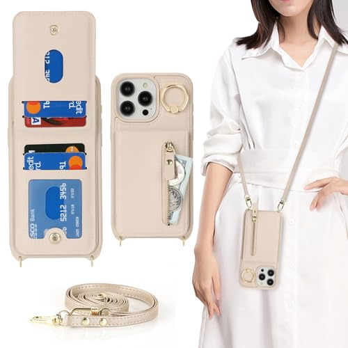 CAVOR Handykette Handyhülle kompatibel mit iPhone 15 Pro Max Hülle Mit Band,Flip Leder Geldborse Handytasche,[4 Kartenfach][Ring Stander][Schnalle],Handyhülle zum Umhängeband - Beige