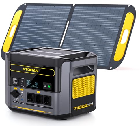 VTOMAN 1000W Tragbare Powerstation mit 110W Solarpanel - 828Wh LiFePO4 Solar Generator und Schnellladung in 1 Std. 3 x 1000W AC Ausgänge(Spitze 2000W),100W USB-C für Reise Camping Notfälle Hause