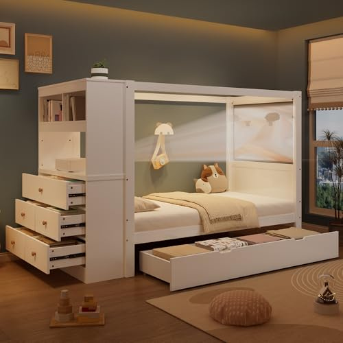 Himmelbett Kinderbett 90x200 mit 2 großen Schubladen, Hochbett mit Bücherregal & Lagerschrank mit 5 Schubladen, Einzelbett Funktionsbett Holzbett Jugendbett mit Lattenrost, Kiefer, Ohne Matratze,Weiß
