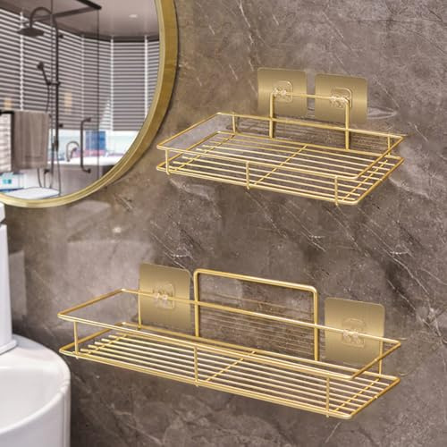 2 Pack Golden Stick Dusch-Caddy, Wasserdichter Rostfreier Eisen-Dusch-Organizer, ohne Bohren, Badezimmerregal mit starken selbstklebenden Haken, schnelle Entwässerung für Zuhause, Badezimmer