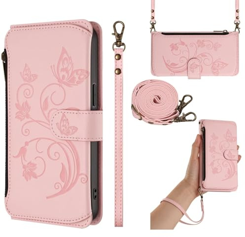 Funda con Cuerda para Motorola Moto Edge 40 Neo 5G, Carcasa Libro con Tapa de Cuero PU Piel con Tarjeta, Soporte y Cierre Magnético Flores Dibujos Wallet Case Flip Cover Antigolpes, Rosa