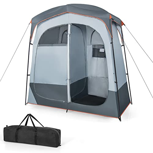COSTWAY Duschzelt mit 2 Räumen, Umkleidezelt mit abnehmbarem Regenschutz, Innentasche, Wäscheleine & oberem Haken, Outdoor Privatsphäre WC Zelt Toilettenzelt zum Campen, 210 x 106 x 210 cm (Grau)