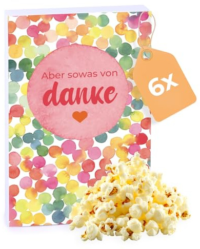 Liebevolles Gastgeschenk – 6x100g Süßes Mikrowellen-Popcorn – Aber sowas von danke – Leckeres Mitgebsel für Hochzeit, Geburtstag & besondere Anlässe – vegan & glutenfrei