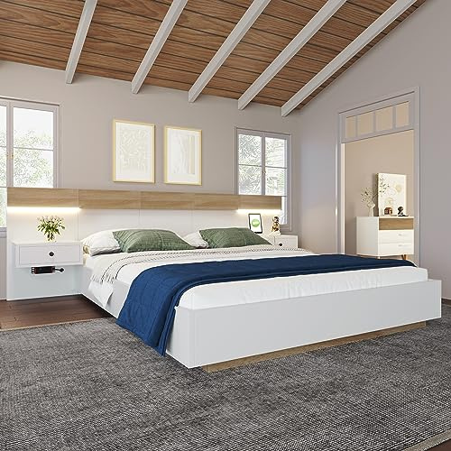 Refined Doppelbett Bettanlage mit 2 LED Nachtkommoden& USB C Steckdose 160 x 200 cm Holzbett inkl. 2 Nachttischen Schlafzimmer Komplett-205x264x90.5 cm(T/B/H) Set in Eiche Sonoma/Weiß(Ohne Matratze)