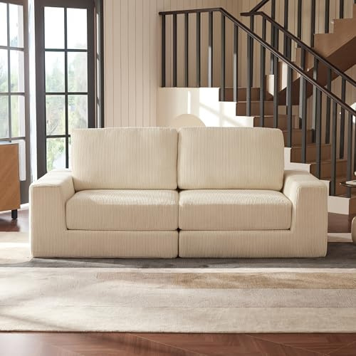 Vorthio Modulares 204cm Boneless Sofa, Schlafsofa Couch mit tiefer Sitzfläche, Bequemes Mit Tiefer Sitzfläche, Flauschige Ecksofa, Cord Bodensofa Für Wohnzimmer, Schlafzimmer, Wohnung (Beige)