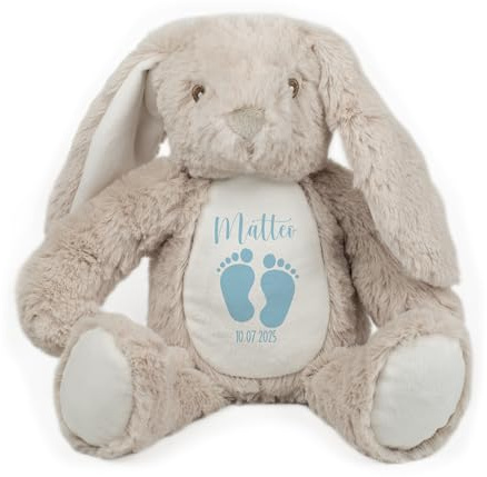 Striefchen® Kuscheltier Hase personalisierbar mit Name & Geburtsdatum – Stofftier als Baby Geschenk (Hellblau)
