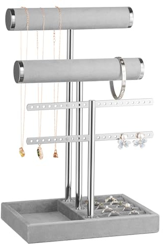 Josmimic Organisateur de Bijoux à 3 Niveaux - Porte Bijoux Gris en Velours pour Bracelets, Colliers, Montres, Bagues