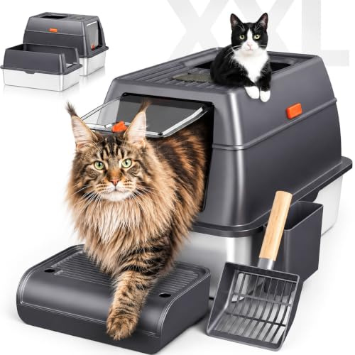 Edelstahl Katzentoilette mit Deckel, XXL extra große Katzenklos für große Katzen – Abnehmbares 3-Schicht geschlossenes Katzenklo, auslaufsicher & leicht zu reinigen inkl. Matte & Schaufel