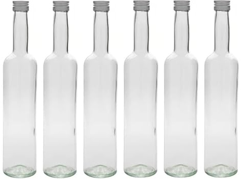 Flaschenland 6 bottiglie di vetro da 500 ml, design Bordaux, vetro trasparente, con tappo a vite argentato, lavabile in lavastoviglie, resistente al calore, bottiglia di vino, sciroppo, made in
