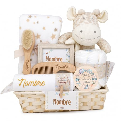 Mababyshop Cesta Bebé Personalizada Mi Jirafa, Regalo Recién Nacido con Manta Coralina, Peluche Jirafa, Cepillo y Peine Personalizados y Gasa Bordada