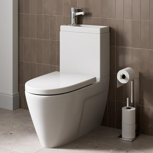 Affine® Bordeaux Modern Bathroom Cloakroom 2 in 1 Close Coupled Toilet & Wash Basin Combi Set Combined Sink with Tap & Waste D Shape Pan, White Gloss