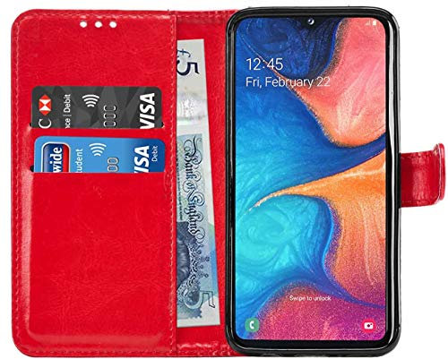 Gadget Giant Funda de piel con tapa para Samsung Galaxy A20e / Galaxy A10e con 2 ranuras para tarjetas, función atril, color rojo