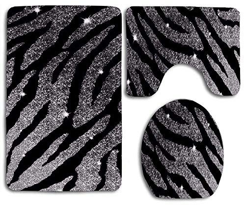 JOOCAR Badvorleger mit WC-Vorleger, rutschfest, mit Deckel, WC-Vorleger, helles Sternen-Silber-Schwarz, Zebra-Glitzer, weich und schön, 3-teiliges Set