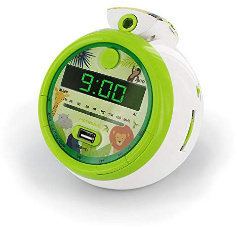 Metronic 477030 Radio-réveil Enfant Jungle FM USB Projection Double Alarme et Fonctions Sleep/Snooze, Piles de Sauvegarde de l'heure Jungle/Vert