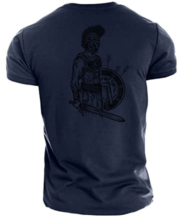 GYMTIER Spartan Forged - Sword and Shield - Men's Gym T-Shirt Bodybuilding Training Workout Lifting Top Clothing, Navy, L