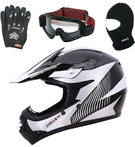Zorax ZOR-X19 Weiß L (53–54 cm) Predator Kinder Motorrad Motocross MX Helm & Handschuhe L (7 cm) & Schutzbrille & Sturmhaube ECE 2206