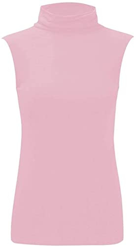 Purple Hanger Womens Sleeveless High Roll Polo Turtle Neck Vest Top Ladies Stretch Casual Plain Polo T-Shirt Jumper Tank Top for Women and Girls Warm Winter Wear Plus Size 8-22 (16-18, Baby Pink)