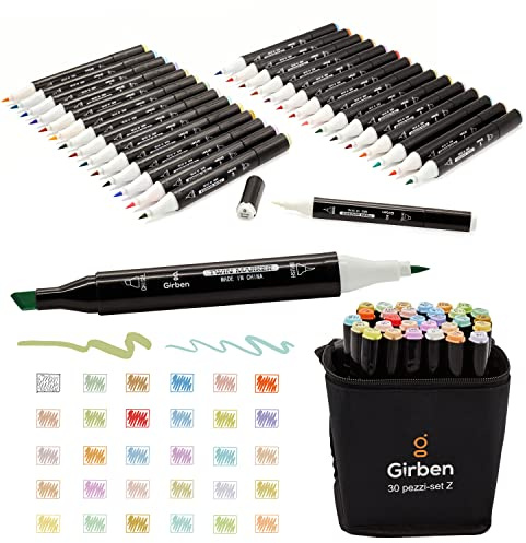Girben Set Z Pennarelli ad Alcool 40 Colori Pastello – Marker Doppia Punta Brush & Chisel, Set Professionale per Disegno, Lettering, Planner, Bullet Journal – Idea Regalo Pastel Lover