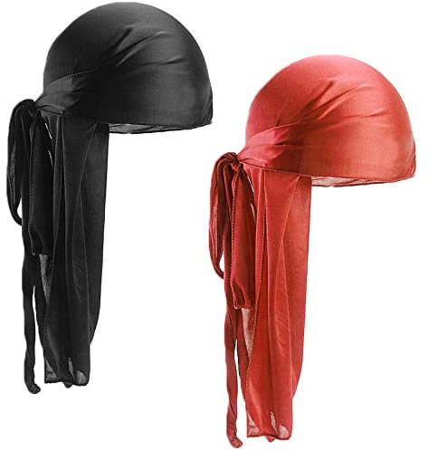 2 Pz Silky Durag Berretto Beanie Bandana Ciclismo Cappuccio Elastico con Code Lunghe e Cinghie Larghe, Cappello Durag Pirate Hat per Donne e Uomini (Nero+Rosso Vino)