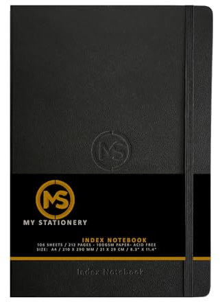 A4-index anteckningsbok inbunden läderskydd 8 mm linjerad marginal A-Z-flikar 264 sidor 100 GSM vitt papper – 21 x 29 cm anteckningsbok (svart)