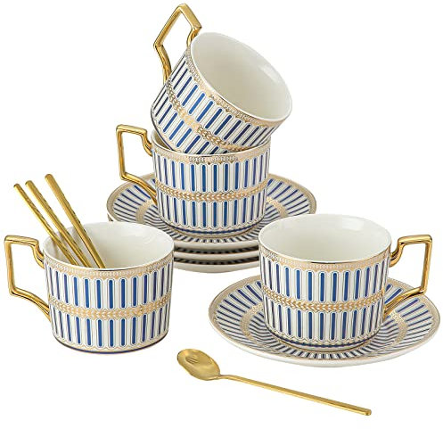 CwlwGO - Set di tazze da caffè e piattini in ceramica, servizio di tazze da tè e piattini in oro blu cinese britannico per 4, scatole regalo, set da tè in Cina, set da tè per donne e adulti.