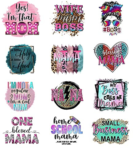 12Pcs Wife Mom Boss Iron On Decals for Clothing Mama Iron On Patches Washable DIY Heat Transfer Stickers for T-Shirt Jeans