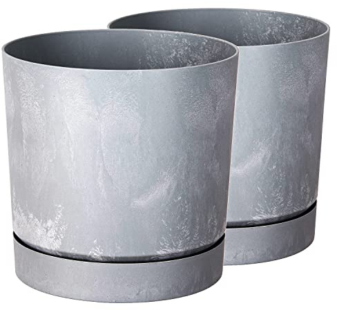 Tymar Blumentopf mit Untersetzer, 2er-Pack, dekorativer Pflanzentopf aus Kunststoff, Moderne, Runde Form, für Innenräume (ø 20 cm, (2pack) Beton)