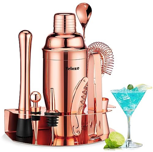 Velaze Set Shaker Cocktail 850 ml, Cocktail Shaker Set Professionale in Acciaio Inox, Set di Accessori da Cocktails di 10 Pezzi per Martini, Gin Tonic, Barra e Festa - Oro Rosa