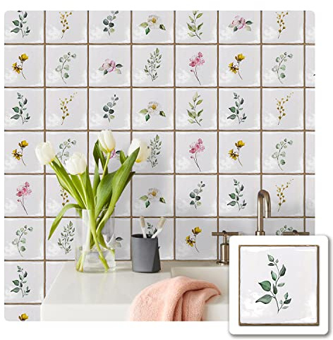 Alwayspon Vinyl Sticker Peel and Stick, Self-Adhesive Wall Tile Transfers Backsplash Sticker Decal for Kitchen Bathroom, 6x6inch/15x15cm 10Pcs, Leaves T031