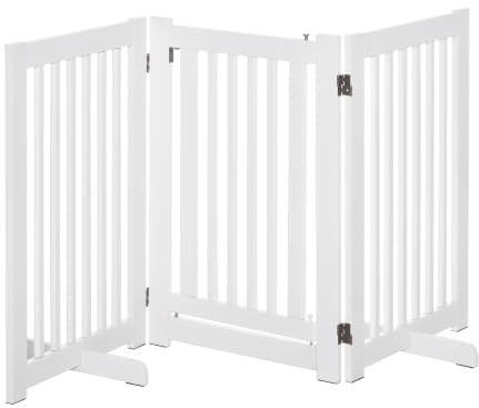 PawHut Barrera para Perros de Madera Valla para Mascotas 155x76 cm Blanco | Plegable, de 3 Paneles, con 1 Puerta, Patas de Apoyo, para Pasillo Escalera