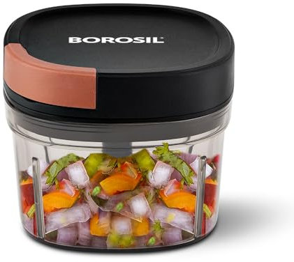 Borosil Picadora con 3 cuchillas, picadora con cuerda duradera, mini picadora para cocina, para picar verduras, hojas verdes y hierbas, sin BPA, irrompible, cuenco de 600 ml