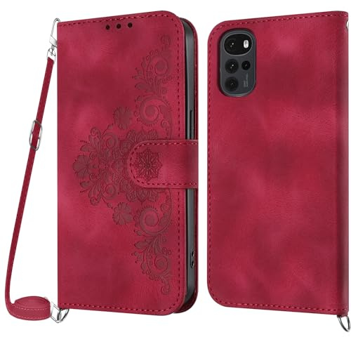 Netany Funda para Motorola Moto G22 4G con Cuerda, Flip Billetera Funda Tapa Libro PU Cuero con Ajustable Cordón,【2 Ranuras】【Magnética】,Funda Piel Carcasa Case para Motorola Moto G22 4G Cuerda (Rojo)