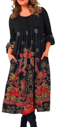 Vestido de cuello redondo para mujer, estampado retro, manga larga, otoño, primavera, étnico, acampanado, grande, cintura alta, bolsillos sueltos, plisado, longitud a media pantorrilla, dama, Negro,