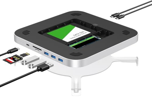 GEWOKLIY USB-C-Hub mit Dual-Laufwerk-Gehäuse, Dockingstation für Mac Studio Mac mini M2/M1/Intel, Typ-C 10 Gbit/s, Kartenleser 104 MB/s, passend für M.2 NVMe NGFF SSD und 6,3 cm SATA SSD (Silber)