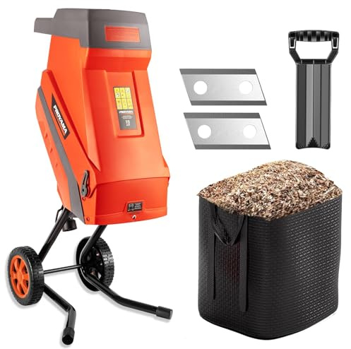 PROYAMA 15 - Amp Electric Wood Chipper, Corded Shredder with Collection Bag and Push Stick, Double Sided Blade System, Auto Shut - Off, 1.7 Inch Cutting Capacity for Leaves, Grass, Clippings