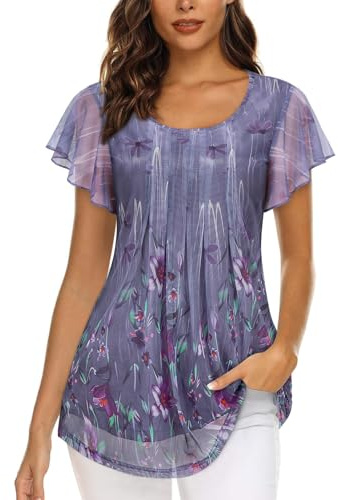 Akiooue Ladies Summer Short Sleeve Chiffon Tunic Tops Size 14 Women Blouse