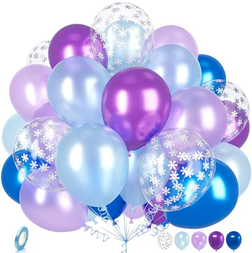 Frozen Blue Purple Balloons, Ousuga 30 Pcs 12 Inch Silver Snowflake Pearl Metallic Blue Purple Confetti Latex Balloon for Girls Princess Frozen Ice Snow Birthday Party Baby Shower Winter Decoration