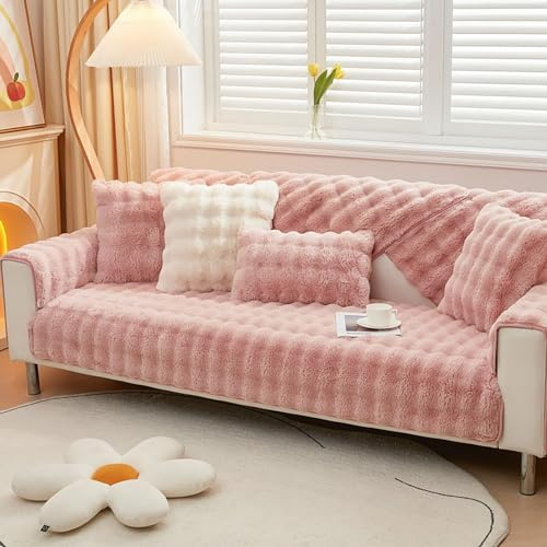 Upgraded Couch Covers- Thick Fuzzy Fleece Non-Slip Sofa Cover,Non Slip Sofa Cover, Autumn Winter Washable Sectional Cosy Plush Couch Cushion Cover for Living Room (Color : Pink, Size : 90 * 90CM)