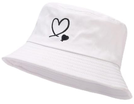 XYIYI Cappello da pescatore da spiaggia in cotone con ricamo alla moda per donne e ragazze, Doppio Cuore Bianco, taglia unica