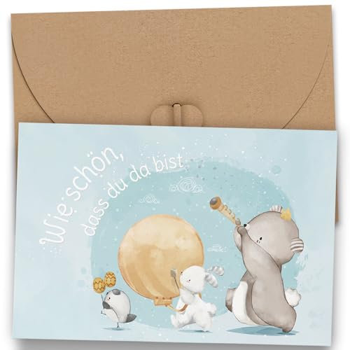 Premium Karte zur Geburt - Geburtskarte Mädchen & Junge - schöne Karte Geburtstag Baby Karte mit Kraftpapier Umschlag - Glückwunsch-Karte Geburt mit niedlichem Aquarell Elefant Hase Klappkarte (A6)