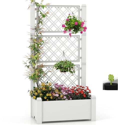 TANGZON Wooden Raised Garden Bed with Detachable 3-Height Trellis, Self-Watering Outdoor Planter Box with Water Level Indicator & Removable Space Dividers, Elevated Trough Planter Support Box (White)