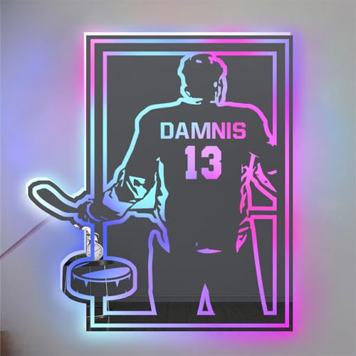 ASD Jewerly Personalisierte Hockey Spieler LED Spiegel Licht Up Zeichen, benutzerdefinierter Name für Zahl Hockey Wand Kunst Neon Licht, Weihnachten Geburtstag Hockey Geschenk für Männer Jungen